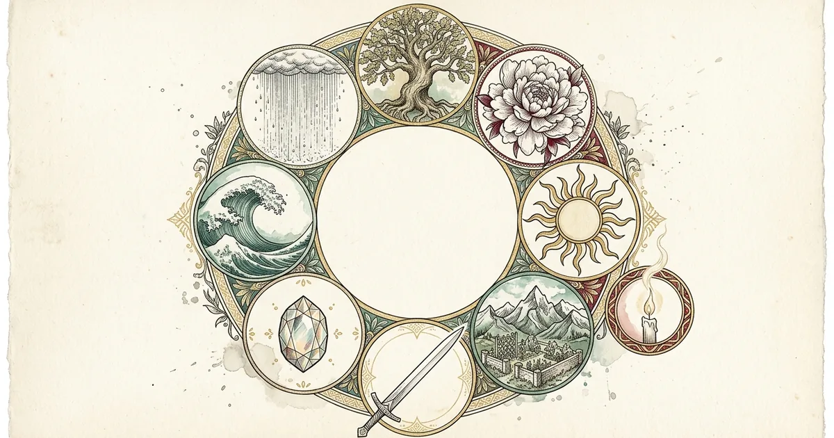 Les 10 maîtres du jour BaZi dessinés en cercle : arbre, fleur, soleil, flamme, montagne, plaine, épée, cristal, vague et pluie, style illustration à l'encre