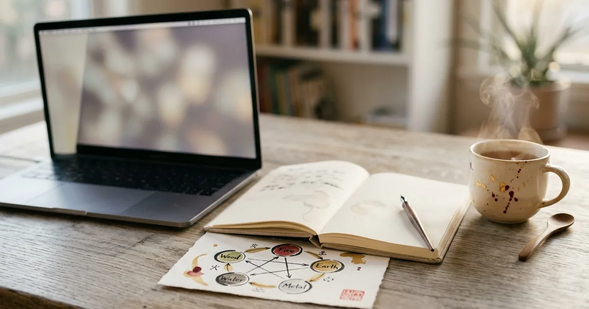 Bureau de travail avec ordinateur portable, carnet ouvert et schéma des 5 éléments chinois dessiné à l'encre, tasse de thé fumante
