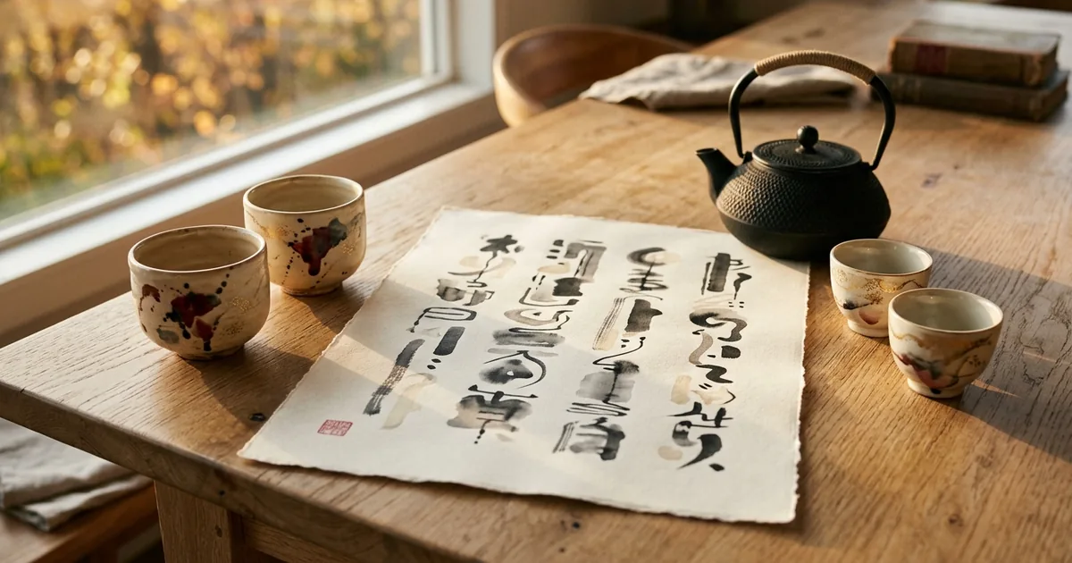 Feuille de calligraphie chinoise sur une table familiale en bois, théière et tasses à thé, ambiance chaleureuse de transmission