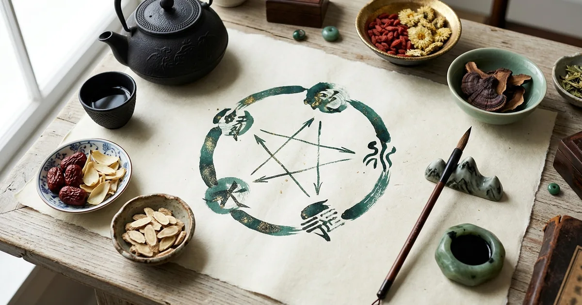 Cycle des 5 éléments tracé à l'encre sur la table d'un praticien en médecine chinoise, bols de plantes médicinales, théière et pinceau