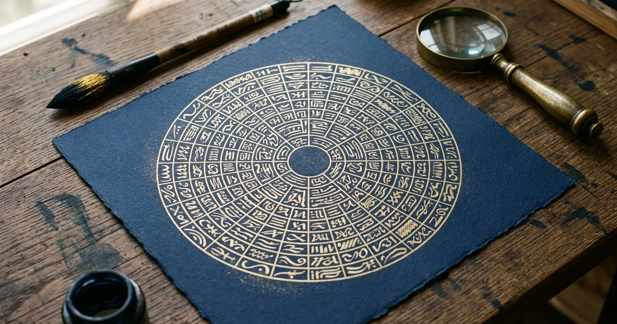 Roue sexagésimale dorée aux caractères chinois sur papier bleu encre, pinceau et loupe sur une table en bois, calcul d'un thème BaZi