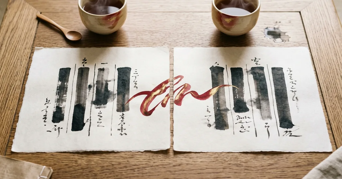 Deux thèmes BaZi tracés à l'encre côte à côte et reliés par un ruban rouge et or, deux tasses de thé sur une table en bois