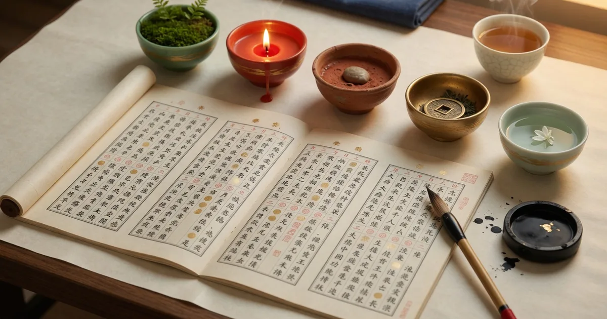 Table de consultation BaZi : calendrier chinois, calcul des 4 piliers et 5 éléments disposés sur un bureau avec tasse de thé, ambiance studieuse et sereine