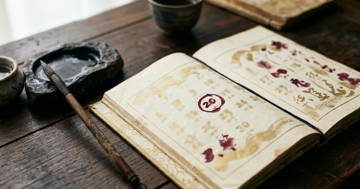 Livre ancien ouvert sur une page de caractères chinois avec une date marquée au rouge, pierre à encre et pinceau sur une table en bois