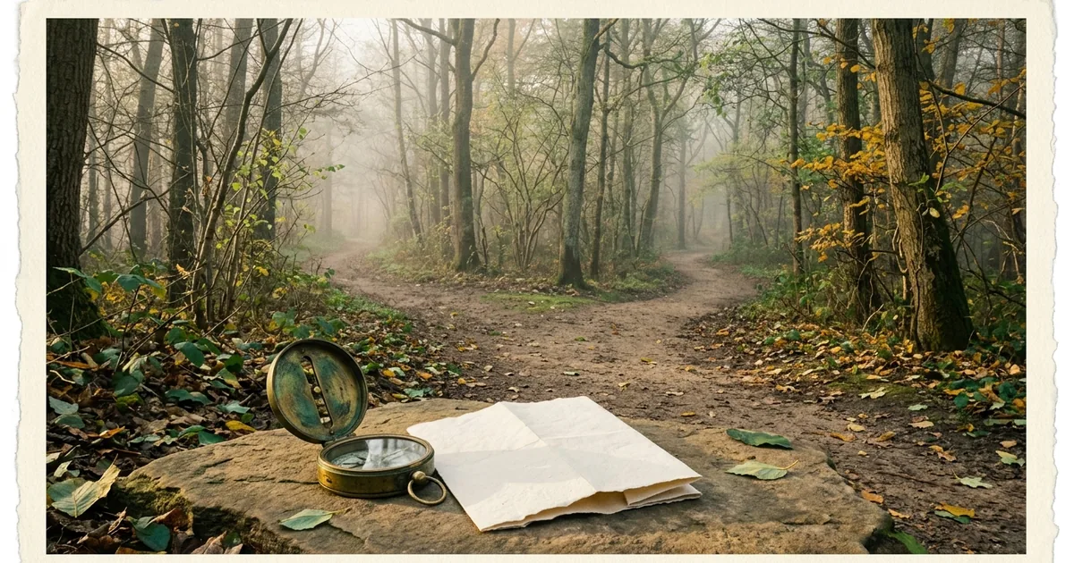 Chemin de forêt qui bifurque en deux directions, boussole et carte pliée posées sur une pierre, ambiance de transition de vie