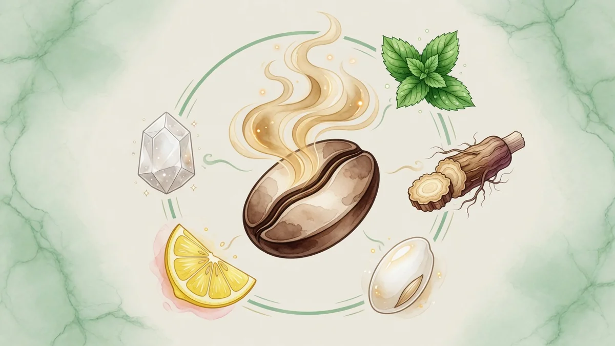 Café et hémorroïdes en médecine chinoise : tasse de café, herbes chinoises et aliments rafraîchissants illustrant l'approche diététique chinoise