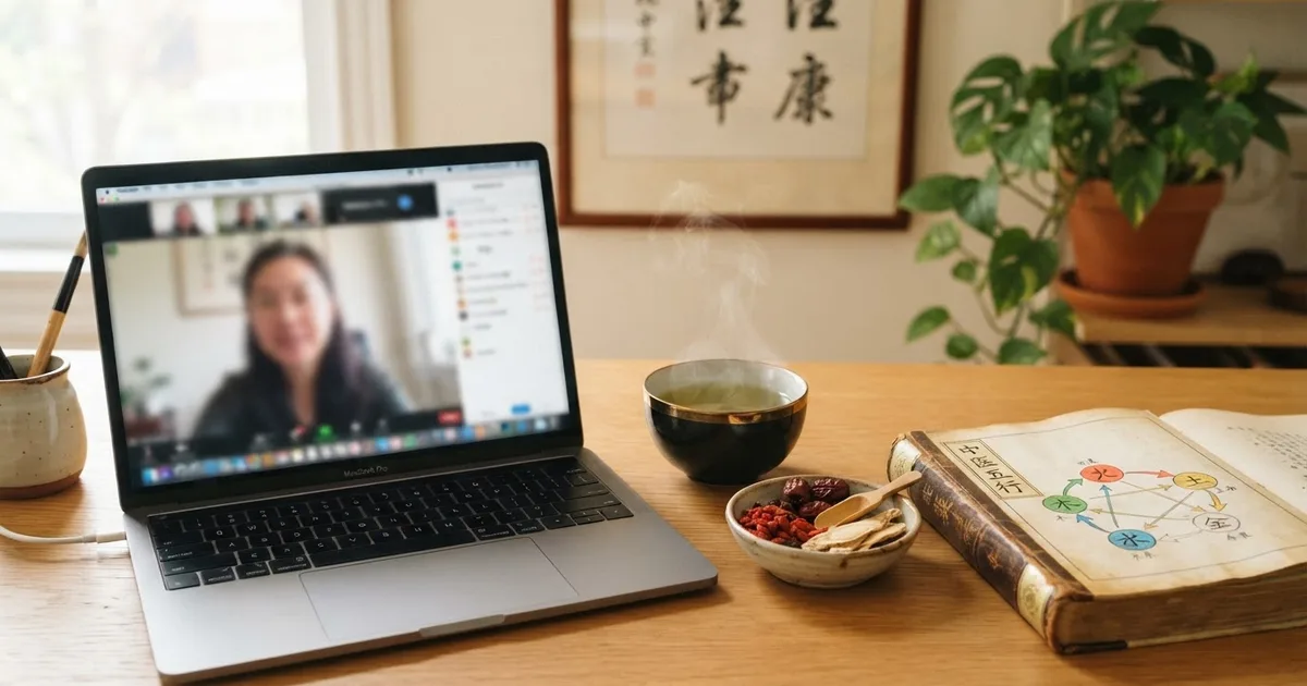 Bureau de consultation de médecine chinoise en ligne : ordinateur, herbes chinoises, livre de MTC et tasse de thé, ambiance sereine et professionnelle