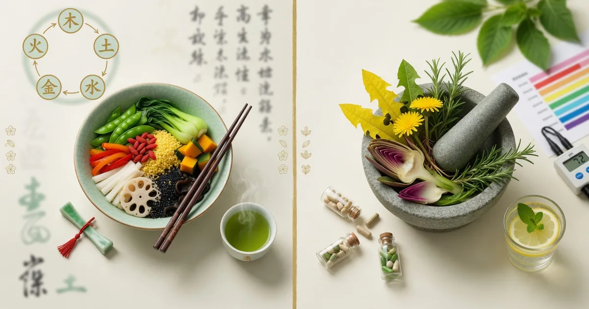 Comparaison visuelle entre diététique chinoise et naturopathie : bol d'aliments 5 éléments avec baguettes face à plantes occidentales et mortier, sur fond cream