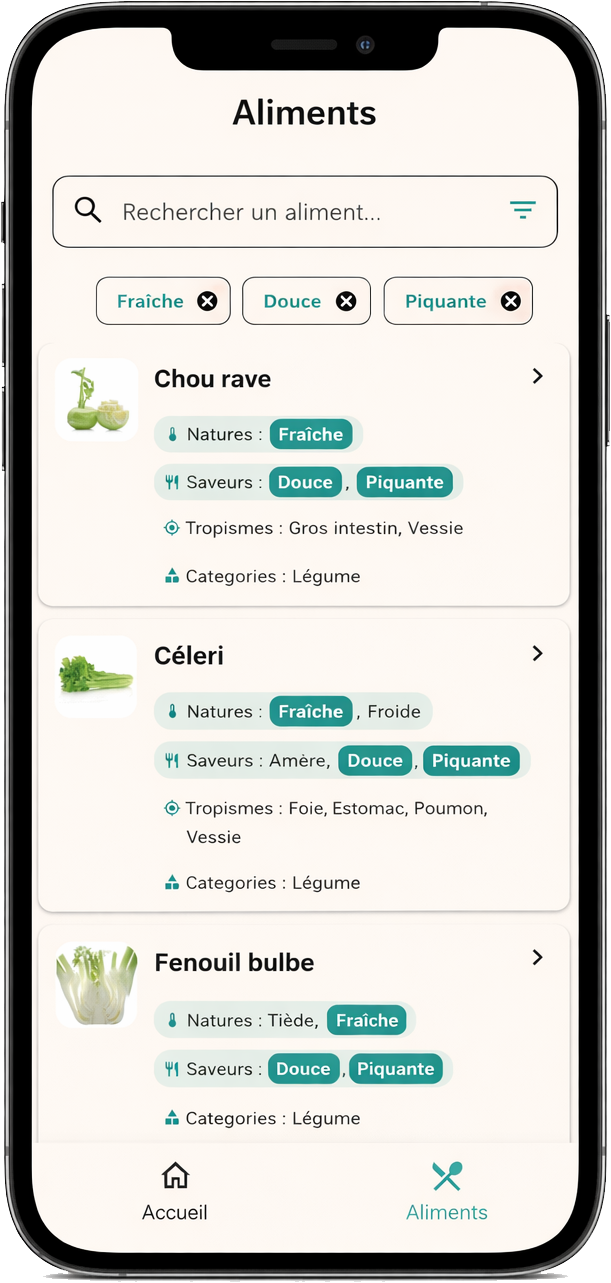 Interface de l'application Yin Shi - diététique chinoise professionnelle